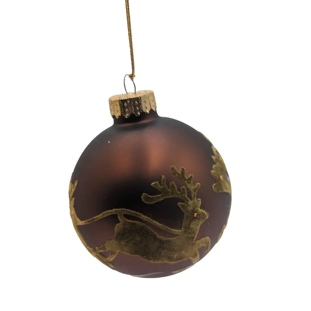 Large brown glass ball Christmas ornament flocked reindeer Santa's sleigh